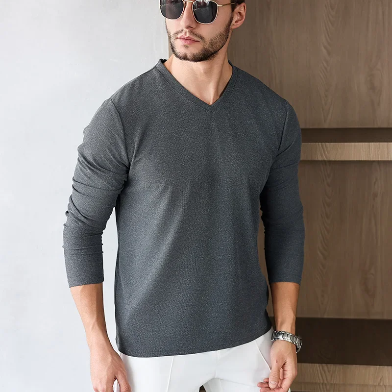 Men's Business Casual Long Sleeve V-neck T-shirt Solid Color Autumn Winter Comfortable Fashionable Versatile Top - Image 2