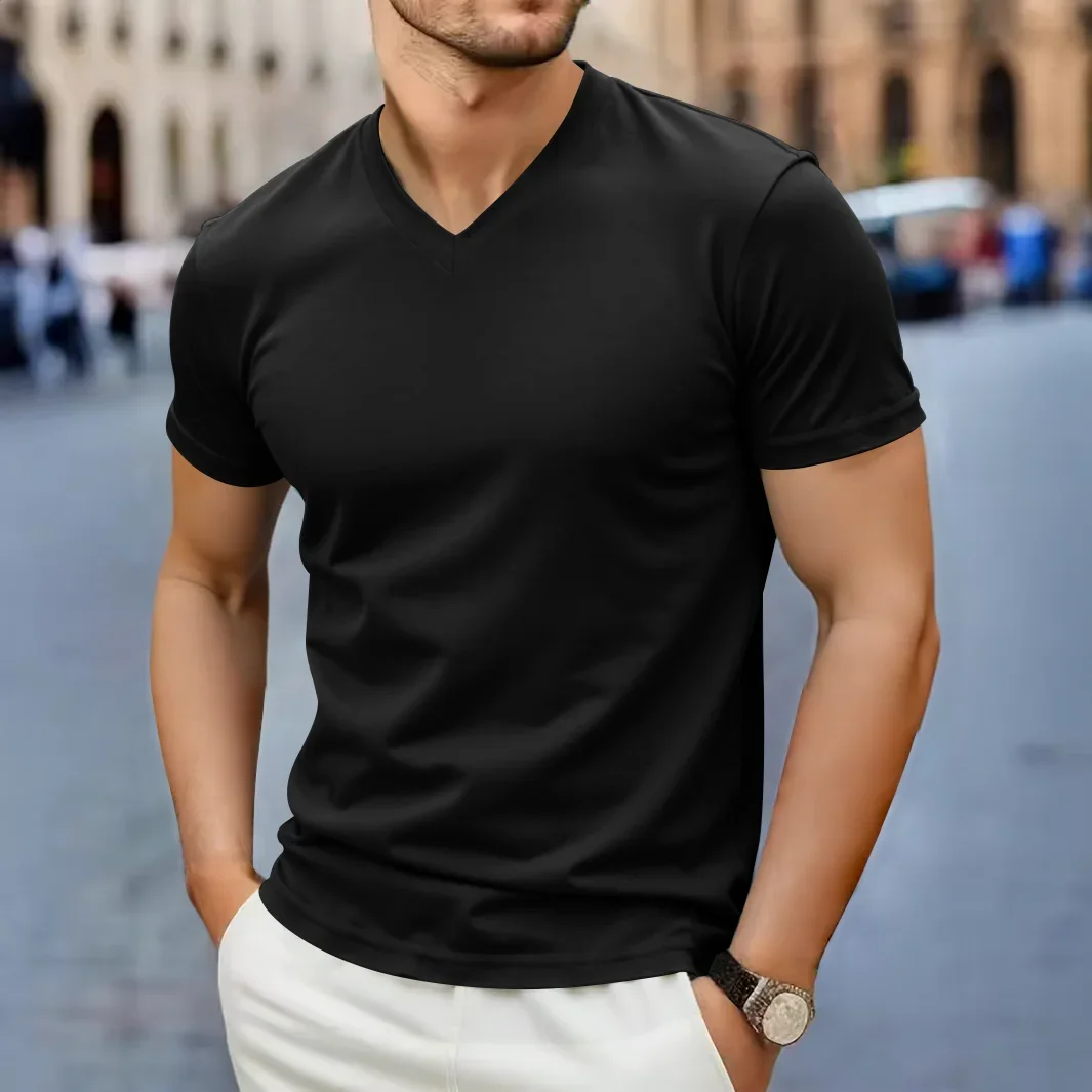 2025 New Men's Casual Fashion Simple V-neck Short Sleeved T-shirt Summer Comfortable Breathable Versatile Top - Image 6