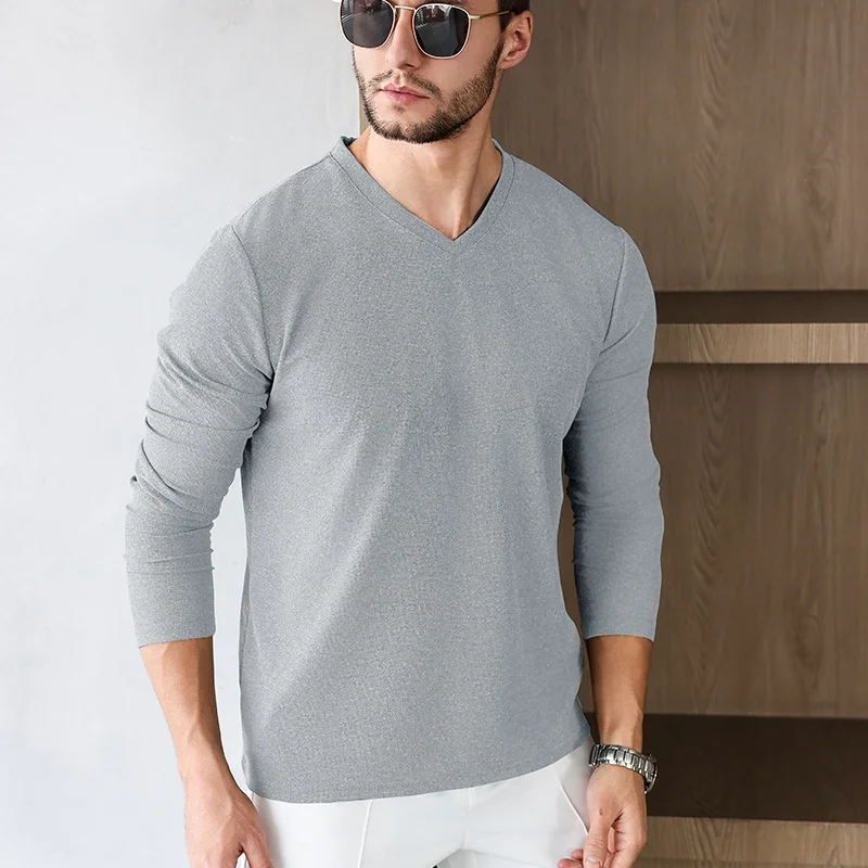 Men's Business Casual Long Sleeve V-neck T-shirt Solid Color Autumn Winter Comfortable Fashionable Versatile Top - Image 3