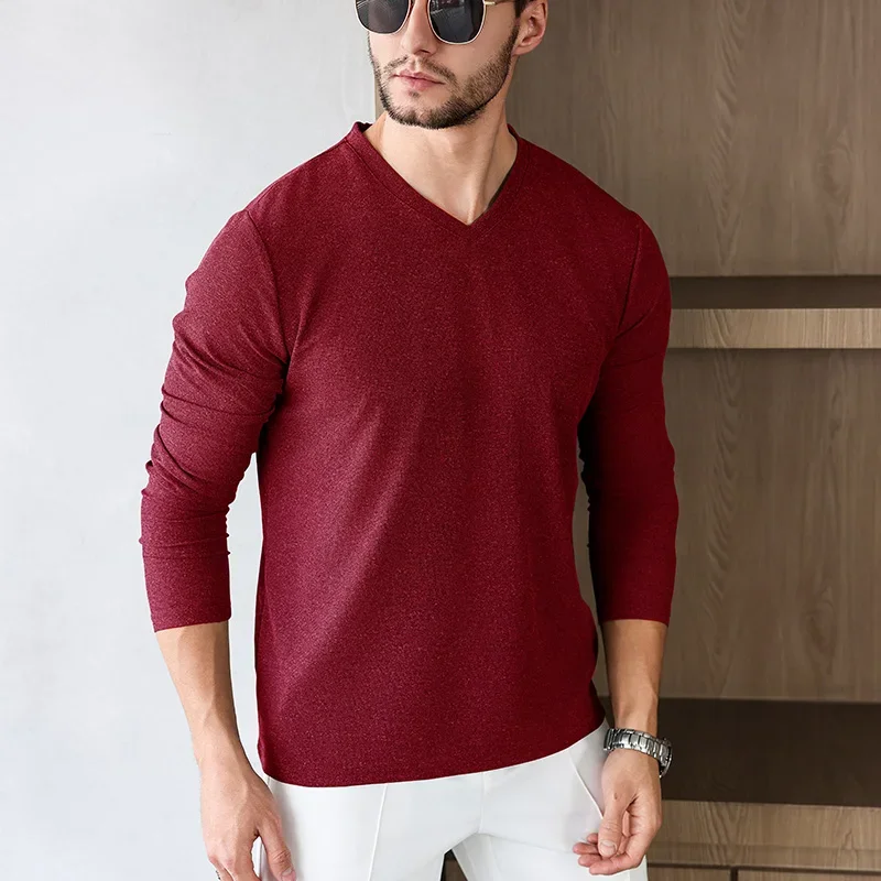 Men's Business Casual Long Sleeve V-neck T-shirt Solid Color Autumn Winter Comfortable Fashionable Versatile Top - Image 6
