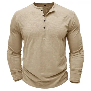 Men‘s Henley Neck Long Sleeve T-shirt Casual Breathable Lightweight Cotton Tops Male Solid Color Cozy Button Tees