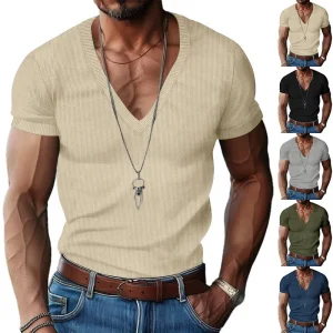 Men's Corduroy V-Neck T-Shirt - Slim Fit Solid Color Casual Short Sleeve Top for Summer