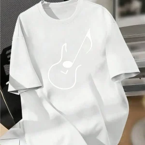 Men's Casual Short Sleeve Shirt with Geometric Guitar Print - Vibrant Blue, Regular Fit, Breathable Sports Tee