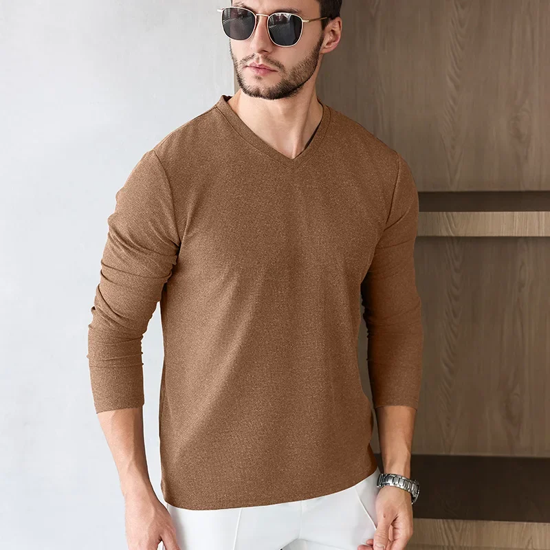 Men's Business Casual Long Sleeve V-neck T-shirt Solid Color Autumn Winter Comfortable Fashionable Versatile Top - Image 4