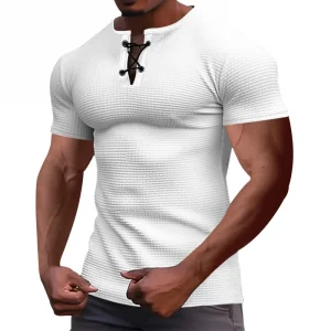 Men's Short Sleeve Tie-up Henley T-Shirt - Slim Fit Breathable Athleisure Top for Summer