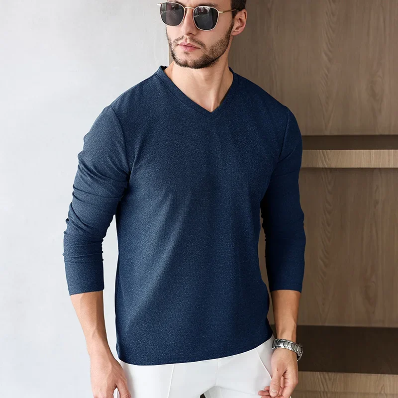 Men's Business Casual Long Sleeve V-neck T-shirt Solid Color Autumn Winter Comfortable Fashionable Versatile Top