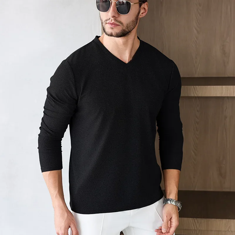 Men's Business Casual Long Sleeve V-neck T-shirt Solid Color Autumn Winter Comfortable Fashionable Versatile Top - Image 5