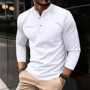 Men's Long Sleeve Henley Polo Shirt - Casual Breathable Solid Color Lightweight Top for Summer
