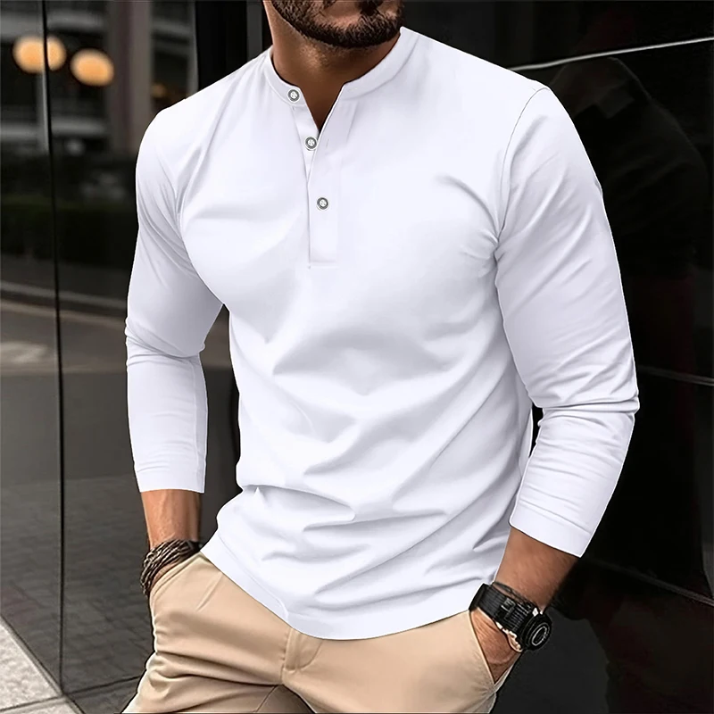 Men's Long Sleeve Henley Polo Shirt - Casual Breathable Solid Color Lightweight Top for Summer