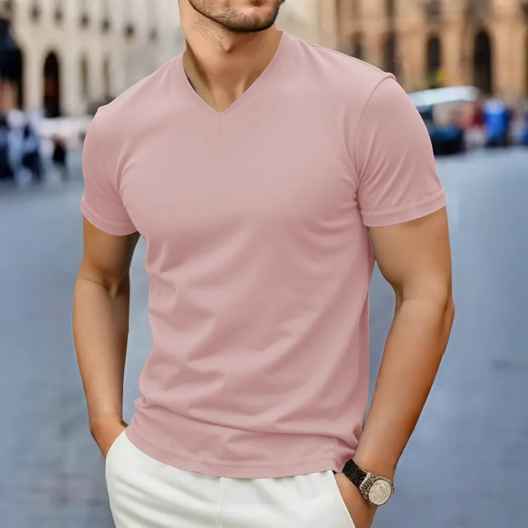 2025 New Men's Casual Fashion Simple V-neck Short Sleeved T-shirt Summer Comfortable Breathable Versatile Top - Image 2