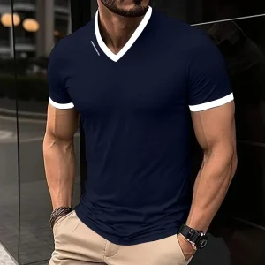 Men's Casual and Fashionable Solid Color V-neck Short Sleeved T-shirt with Letter Print Summer Versatile and Comfortable Top